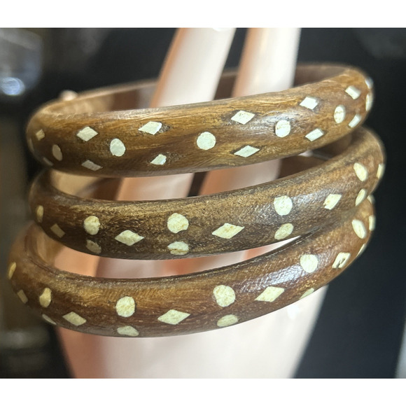 Set of 3 Vintage Boho Wood Inlay Bangle Bracelets – Tribal Style, Size 7.87" - Picture 1 of 4